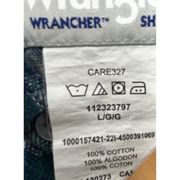 Wrangler Wrancher Shirt Blue and Green Plaid Pearly Snaps Men's Size Large - Picture 5 of 7